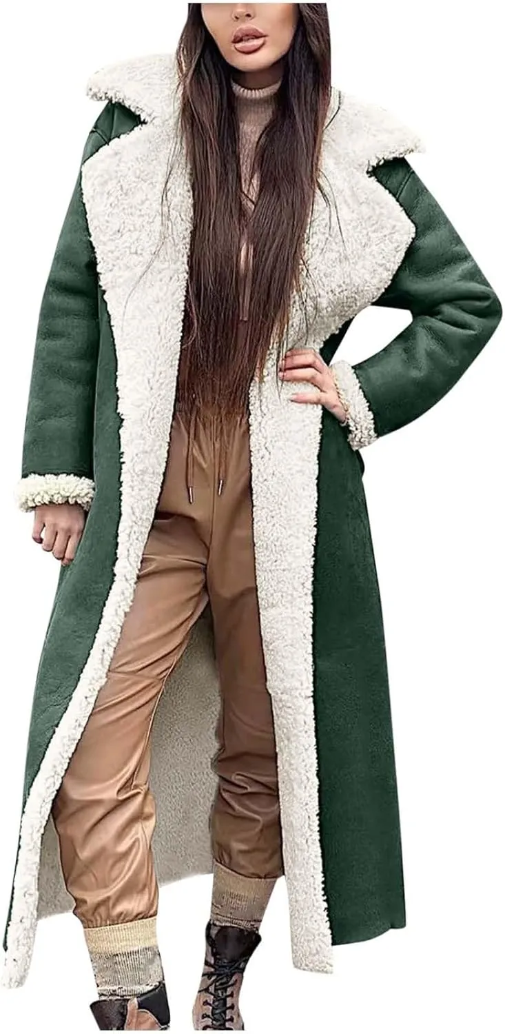 XUNRYAN Womens Trench Coats Maxi Long Thicken Winter Sherpa Fleece Jacket Warm Lapel Peacoat Shearling Parka Overcoat Anorak