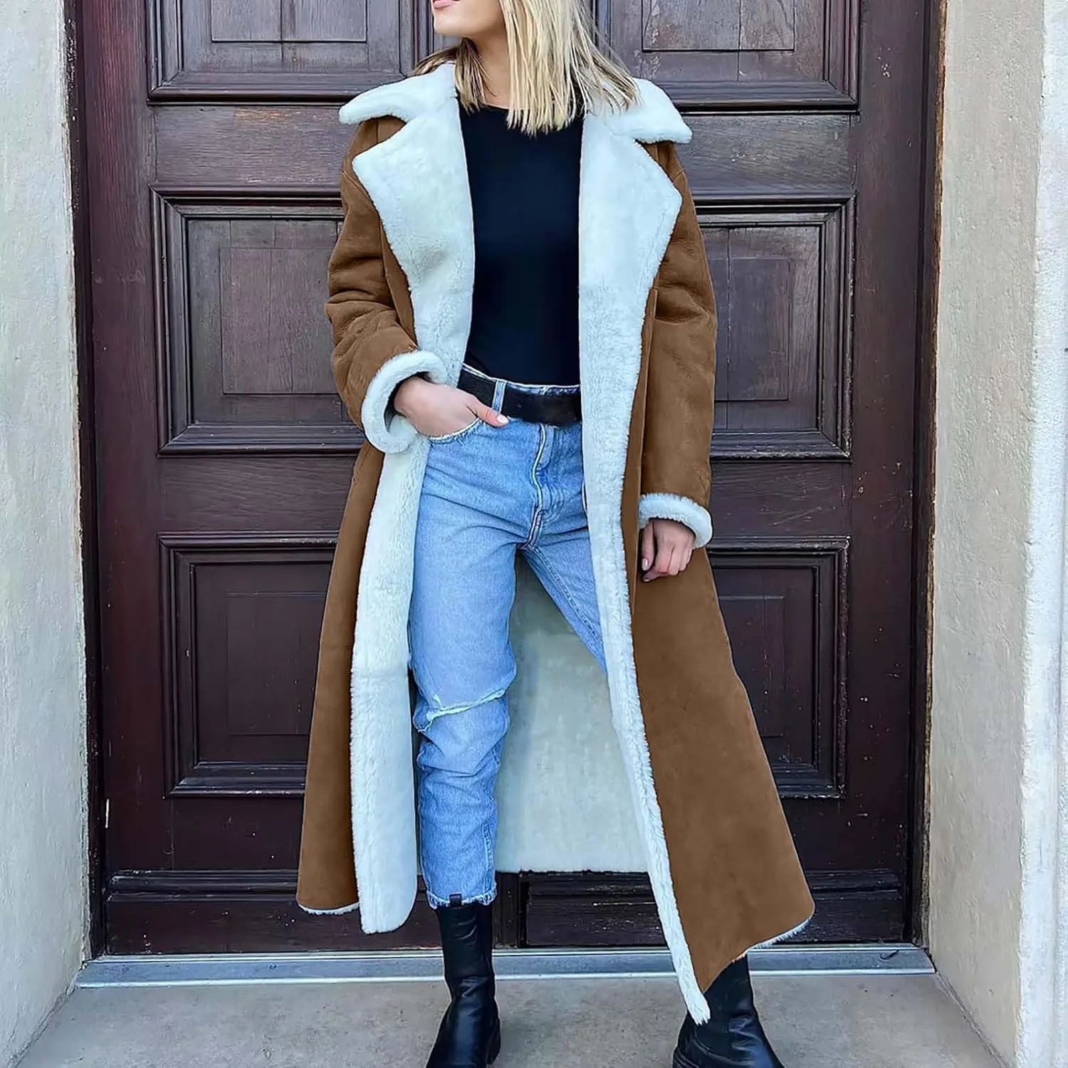 XUNRYAN Womens Trench Coats Maxi Long Thicken Winter Sherpa Fleece Jacket Warm Lapel Peacoat Shearling Parka Overcoat Anorak
