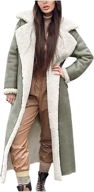 XUNRYAN Womens Trench Coats Maxi Long Thicken Winter Sherpa Fleece Jacket Warm Lapel Peacoat Shearling Parka Overcoat Anorak