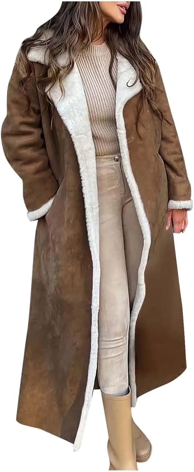 XUNRYAN Womens Trench Coats Maxi Long Thicken Winter Sherpa Fleece Jacket Warm Lapel Peacoat Shearling Parka Overcoat Anorak