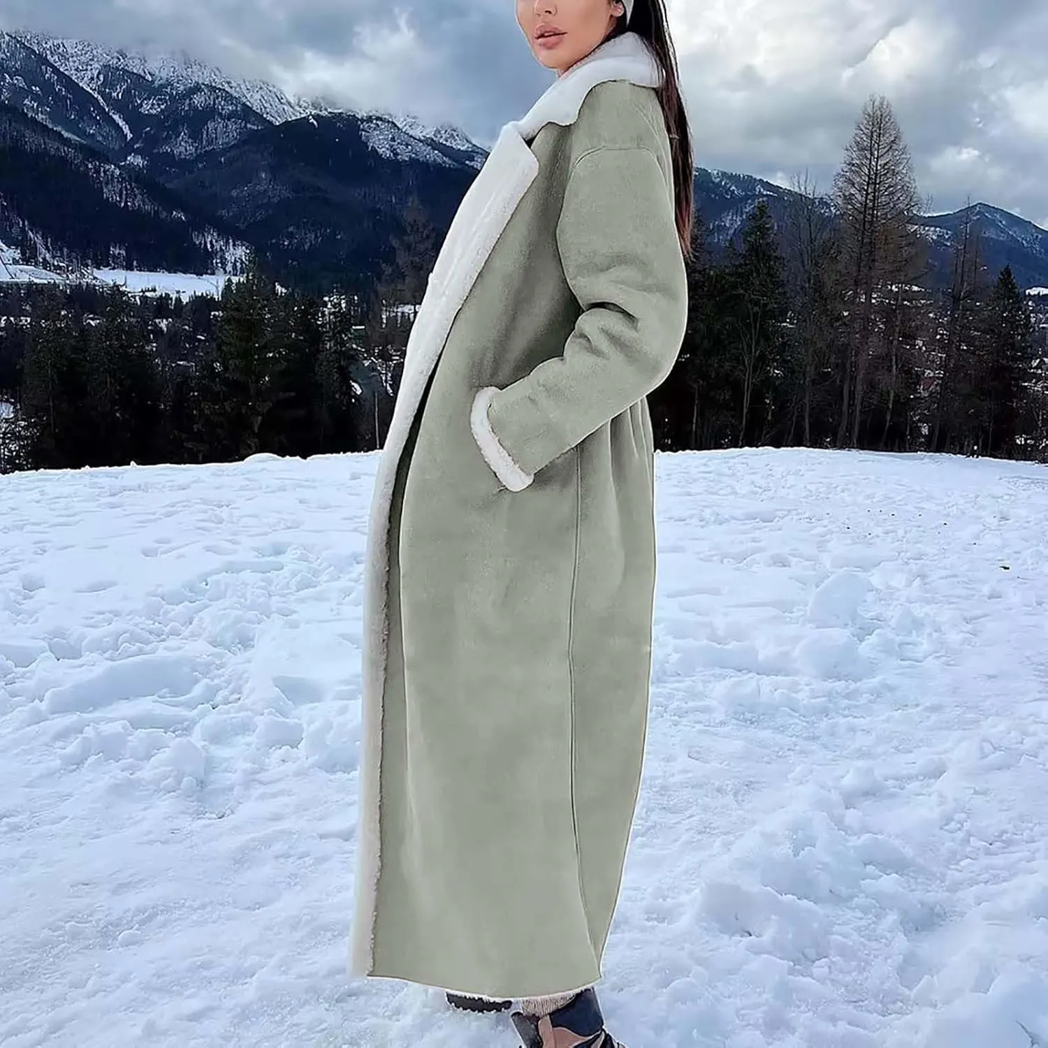 XUNRYAN Womens Trench Coats Maxi Long Thicken Winter Sherpa Fleece Jacket Warm Lapel Peacoat Shearling Parka Overcoat Anorak
