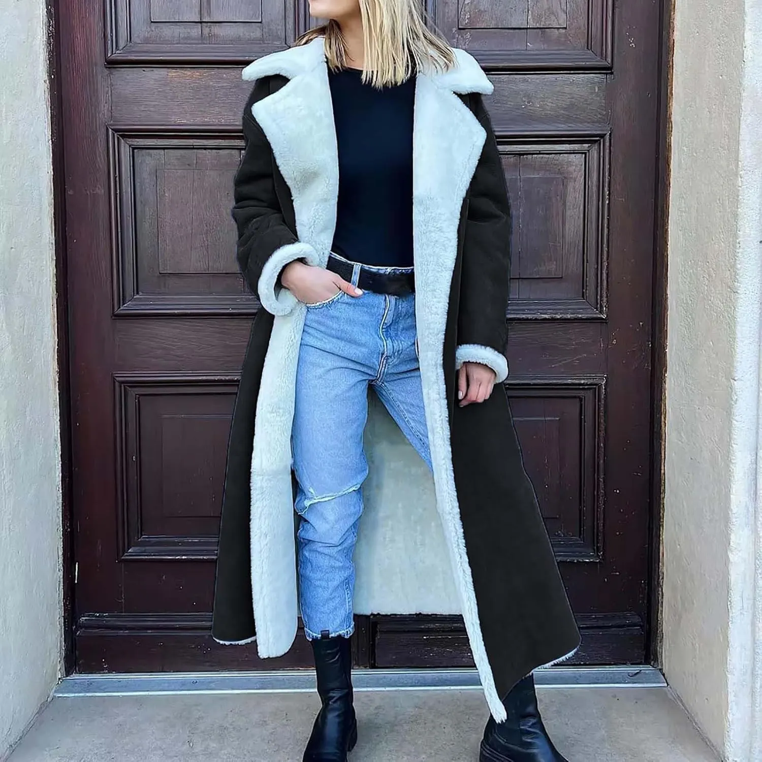 XUNRYAN Womens Trench Coats Maxi Long Thicken Winter Sherpa Fleece Jacket Warm Lapel Peacoat Shearling Parka Overcoat Anorak