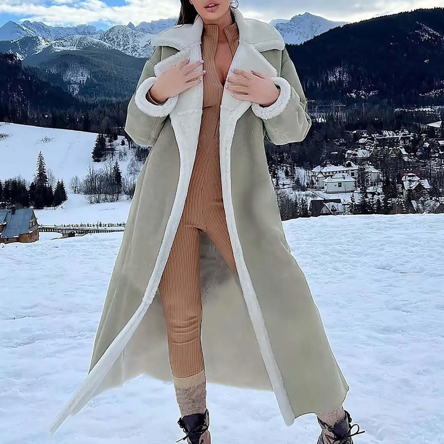 XUNRYAN Womens Trench Coats Maxi Long Thicken Winter Sherpa Fleece Jacket Warm Lapel Peacoat Shearling Parka Overcoat Anorak