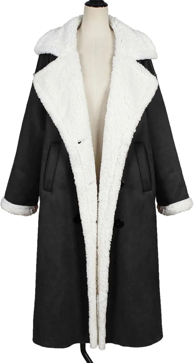 XUNRYAN Womens Trench Coats Maxi Long Thicken Winter Sherpa Fleece Jacket Warm Lapel Peacoat Shearling Parka Overcoat Anorak