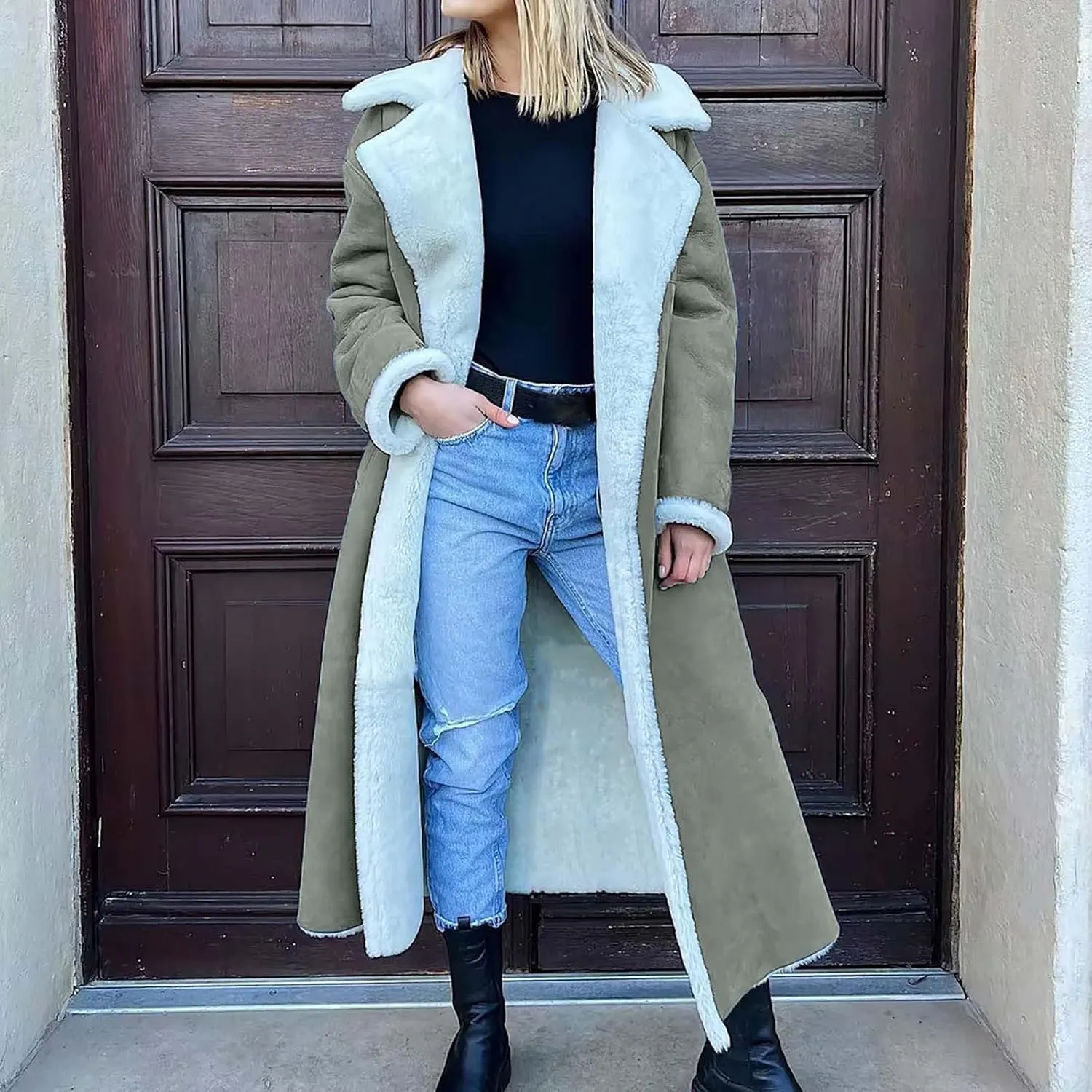 XUNRYAN Womens Trench Coats Maxi Long Thicken Winter Sherpa Fleece Jacket Warm Lapel Peacoat Shearling Parka Overcoat Anorak