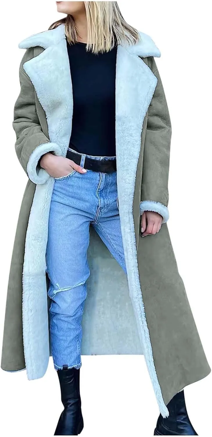 XUNRYAN Womens Trench Coats Maxi Long Thicken Winter Sherpa Fleece Jacket Warm Lapel Peacoat Shearling Parka Overcoat Anorak
