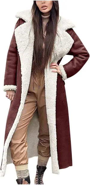 XUNRYAN Womens Trench Coats Maxi Long Thicken Winter Sherpa Fleece Jacket Warm Lapel Peacoat Shearling Parka Overcoat Anorak
