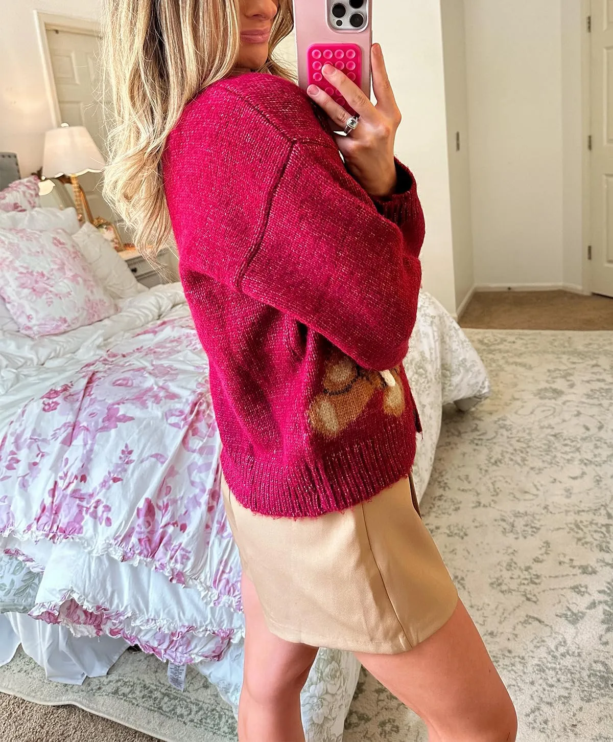 Y2k Knit Cardigans for Women Cute Bear Bow Long Sleeve Crewneck Sweater Button Down Casual Fall Tops Knitwear