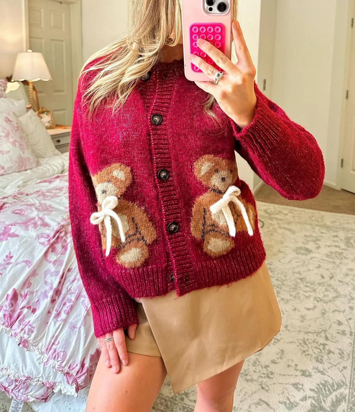 Y2k Knit Cardigans for Women Cute Bear Bow Long Sleeve Crewneck Sweater Button Down Casual Fall Tops Knitwear