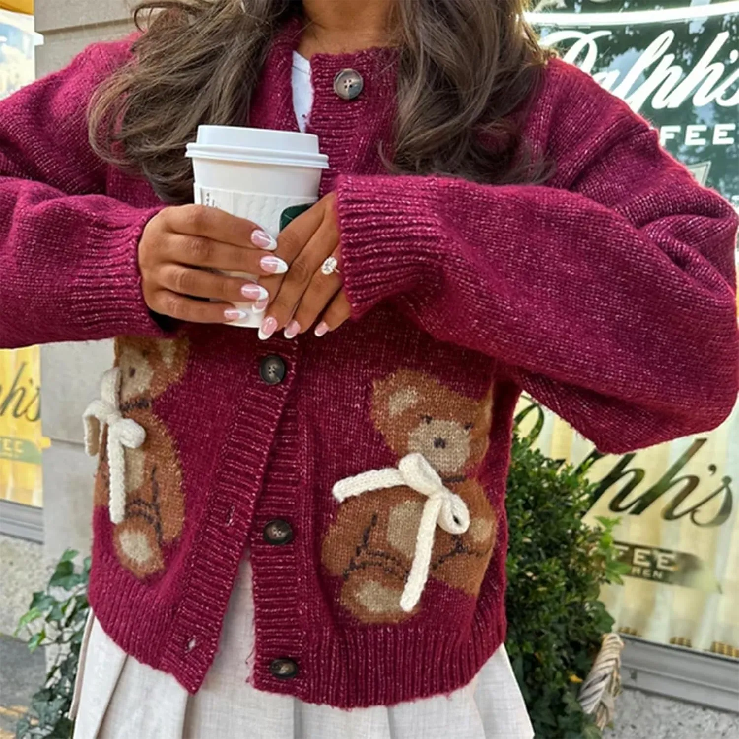 Y2k Knit Cardigans for Women Cute Bear Bow Long Sleeve Crewneck Sweater Button Down Casual Fall Tops Knitwear