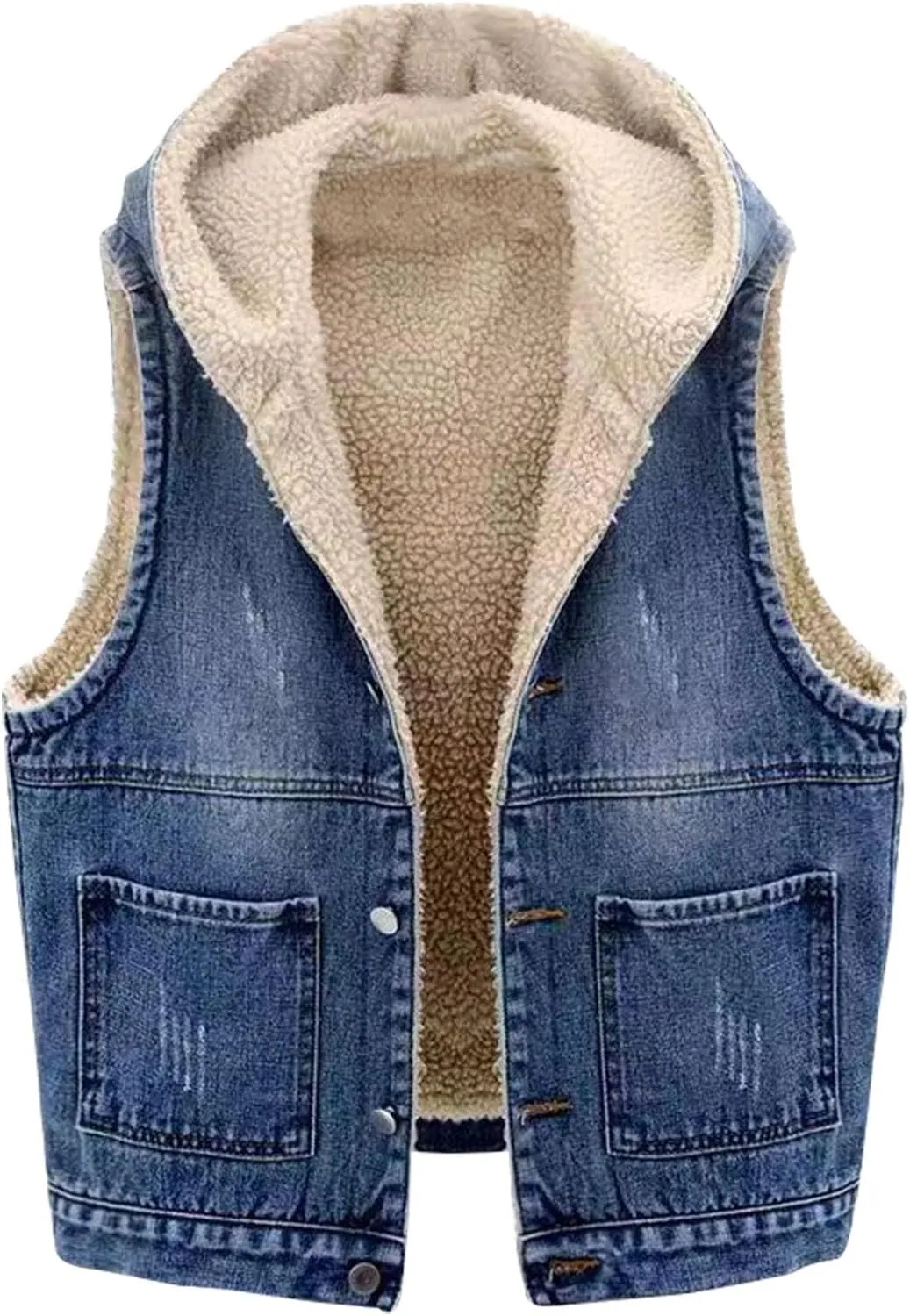 yardsong Women's Sherpa Fleece Lined Denim Vest Button Down Hooded Sleeveless Warm Jean Jacket Casual Comfy Outerwear