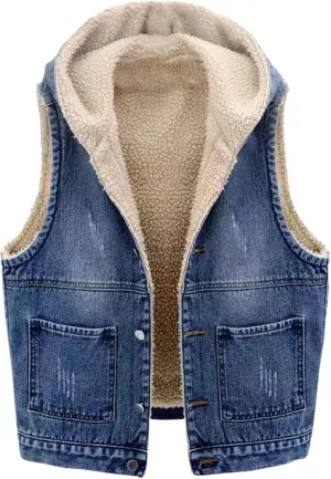 yardsong Women's Sherpa Fleece Lined Denim Vest Button Down Hooded Sleeveless Warm Jean Jacket Casual Comfy Outerwear