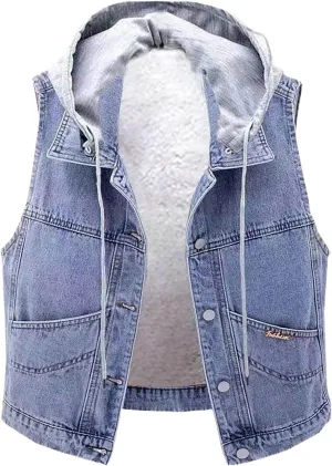 yardsong Women's Sherpa Fleece Lined Denim Vest Button Down Hooded Sleeveless Warm Jean Jacket Casual Comfy Outerwear