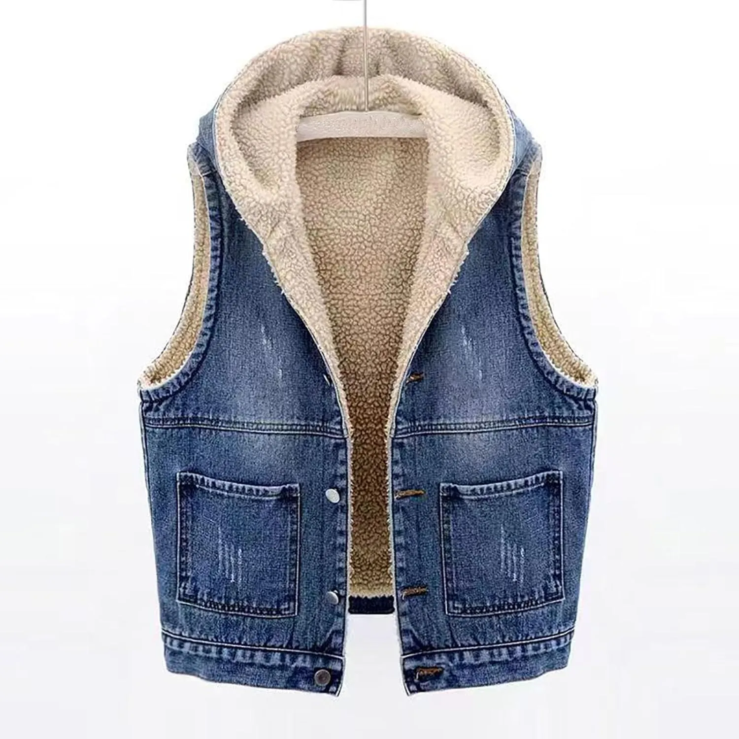 yardsong Women's Sherpa Fleece Lined Denim Vest Button Down Hooded Sleeveless Warm Jean Jacket Casual Comfy Outerwear