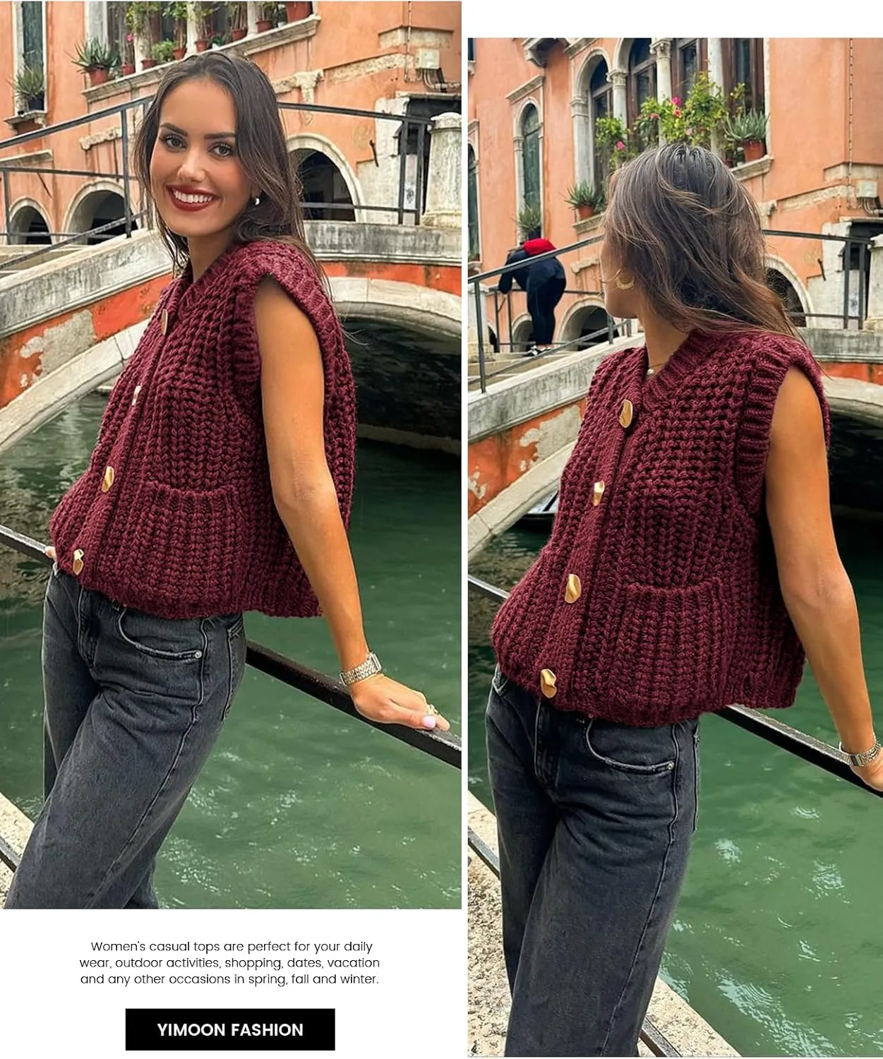 Yimoon Sweater Vest Women Cropped Gold Button Chunky Knit Vest Sleeveless Crop Knit Cardigan