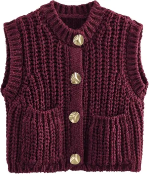 Yimoon Sweater Vest Women Cropped Gold Button Chunky Knit Vest Sleeveless Crop Knit Cardigan