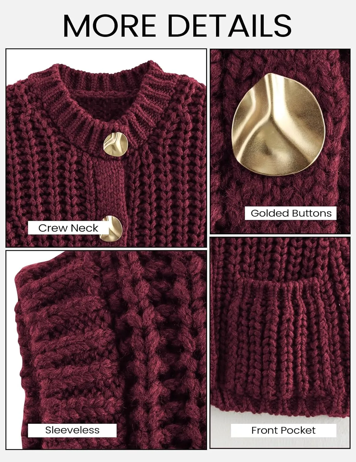 Yimoon Sweater Vest Women Cropped Gold Button Chunky Knit Vest Sleeveless Crop Knit Cardigan