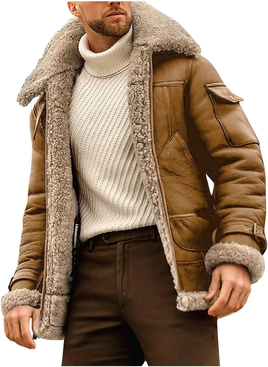Ymosrh Men's Leather Coats Faux Sherpa Lined Bomber Jacket Winter Warm Turn-Down Collar Coats Jacket, M-5XL