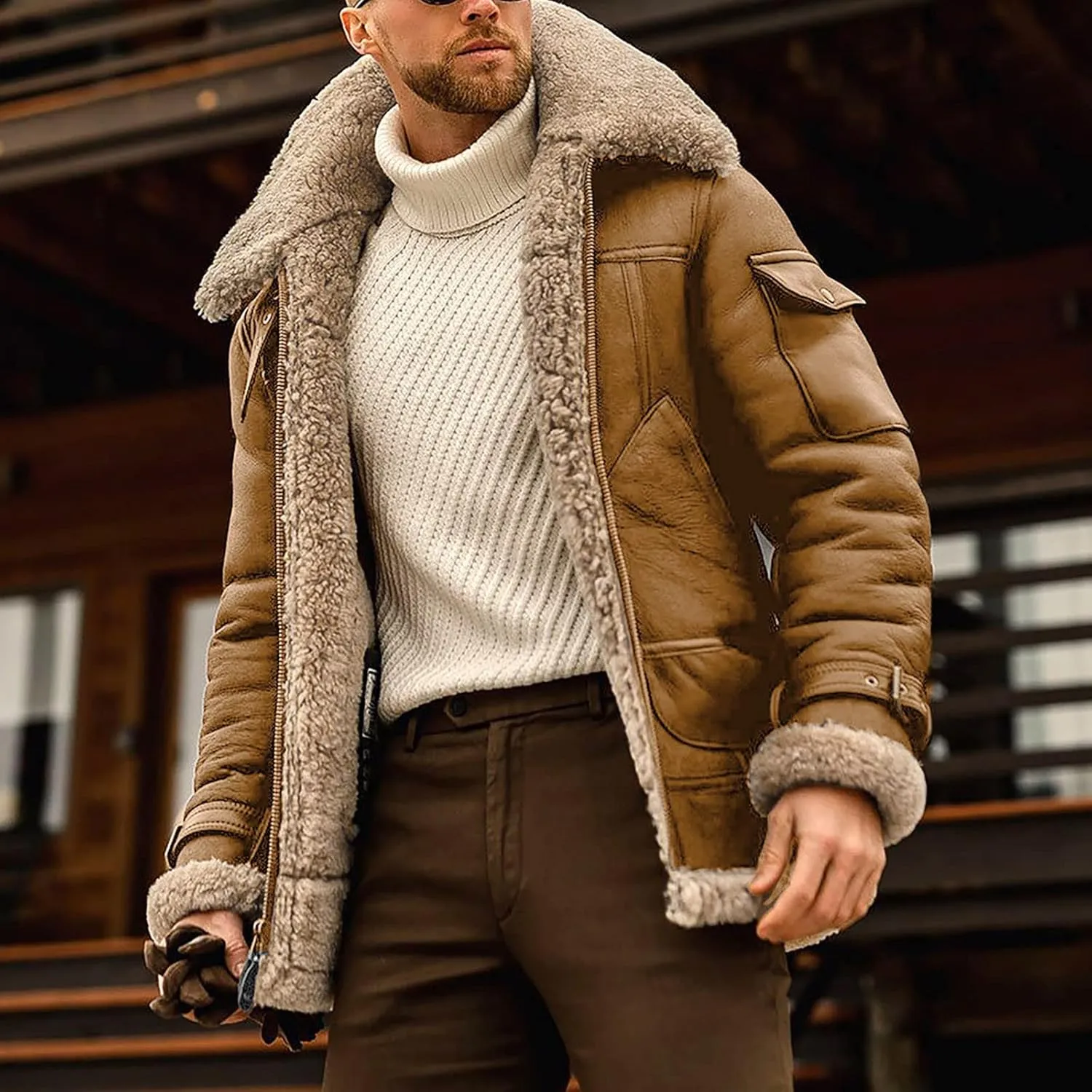 Ymosrh Men's Leather Coats Faux Sherpa Lined Bomber Jacket Winter Warm Turn-Down Collar Coats Jacket, M-5XL
