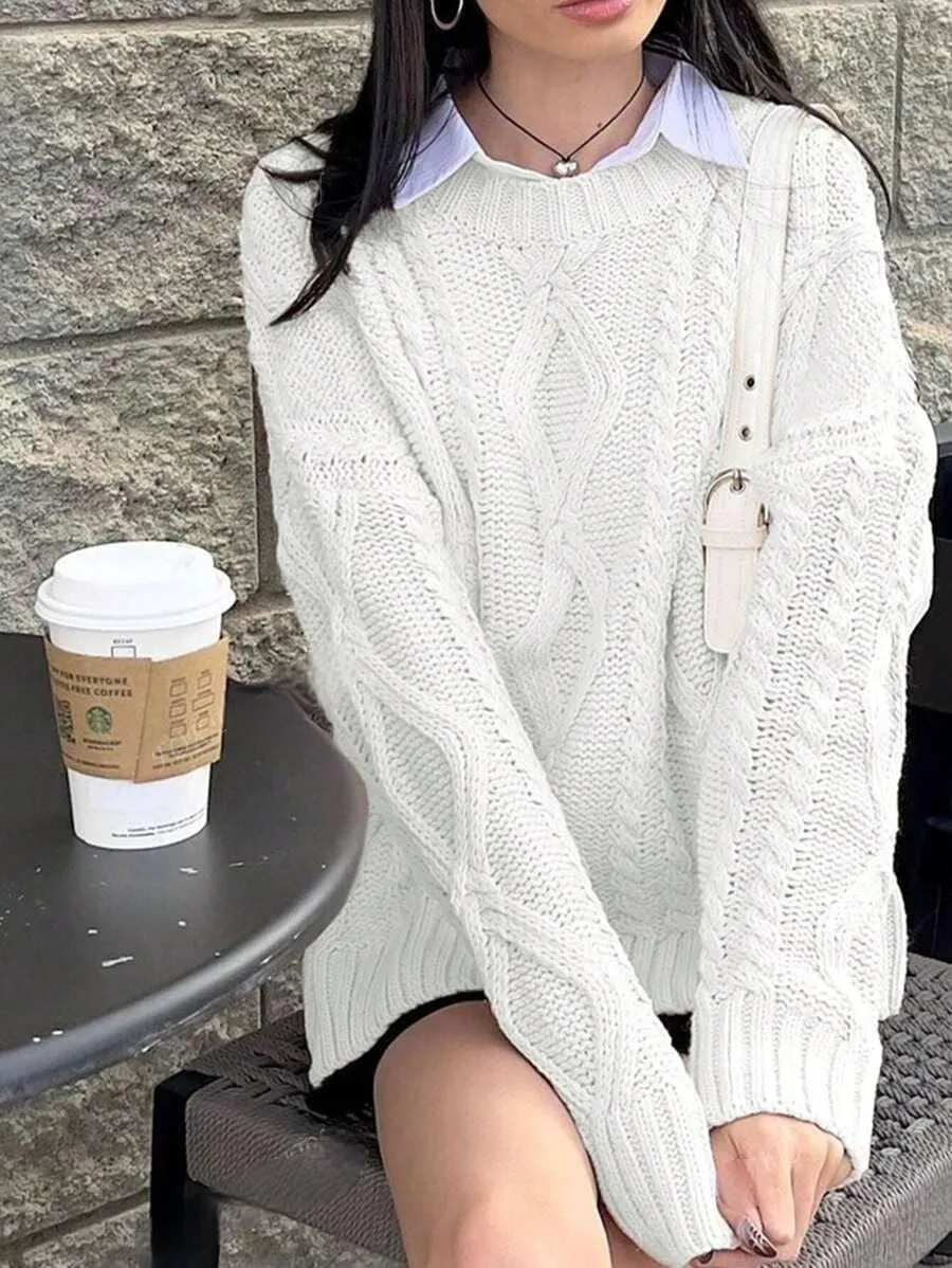 ZAFUL Cable Knit Sweaters for Women Crewneck Casual Knit Pullover Sweater Long Sleeves Jumper Tops