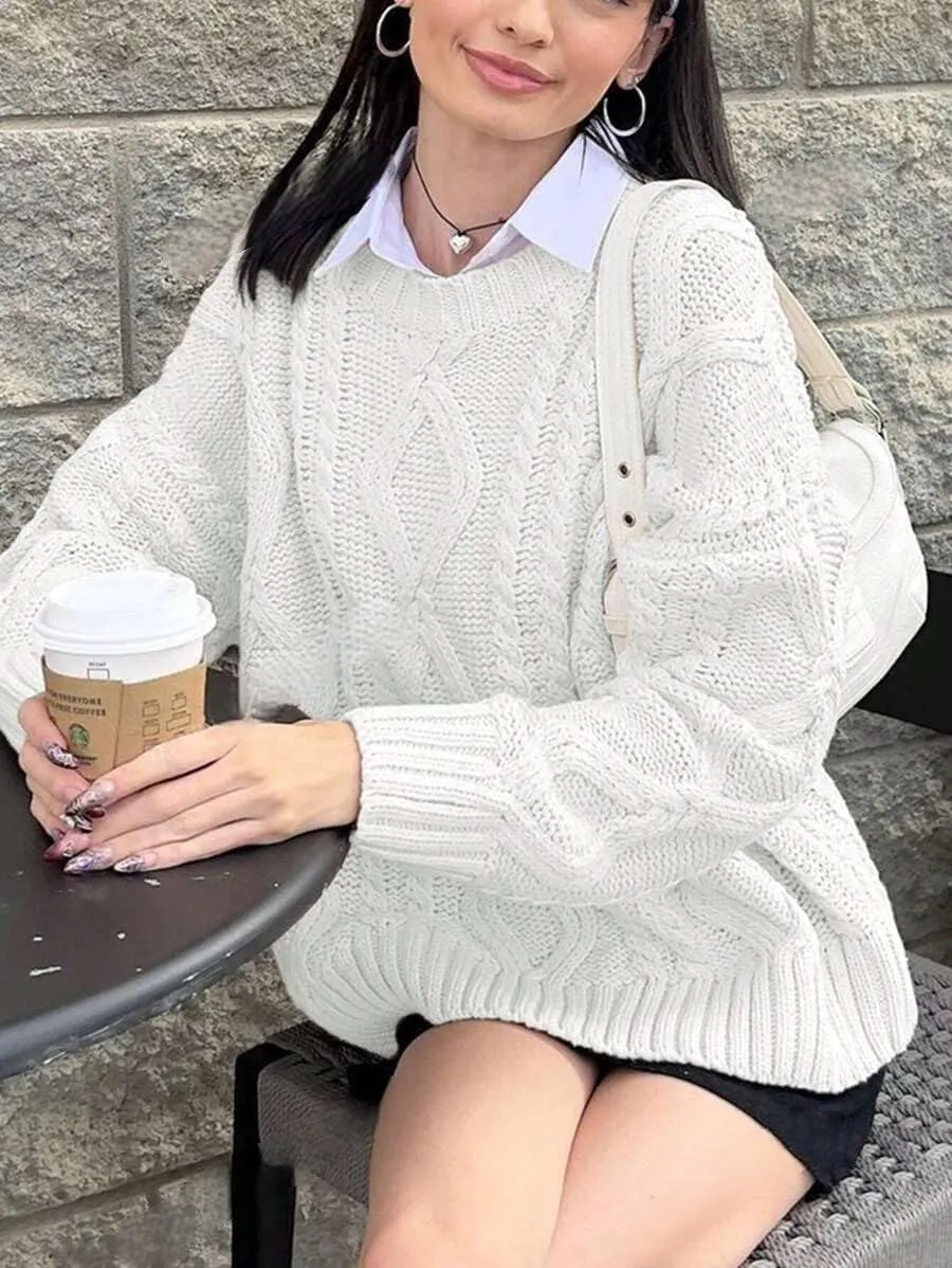 ZAFUL Cable Knit Sweaters for Women Crewneck Casual Knit Pullover Sweater Long Sleeves Jumper Tops
