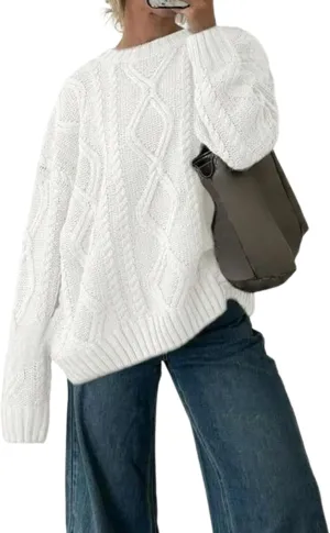 ZAFUL Cable Knit Sweaters for Women Crewneck Casual Knit Pullover Sweater Long Sleeves Jumper Tops