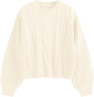 ZAFUL Women's Solid Knit Cable Sweater Casual Long Lantern Sleeve Pullover Crew Neck Knitted Tops
