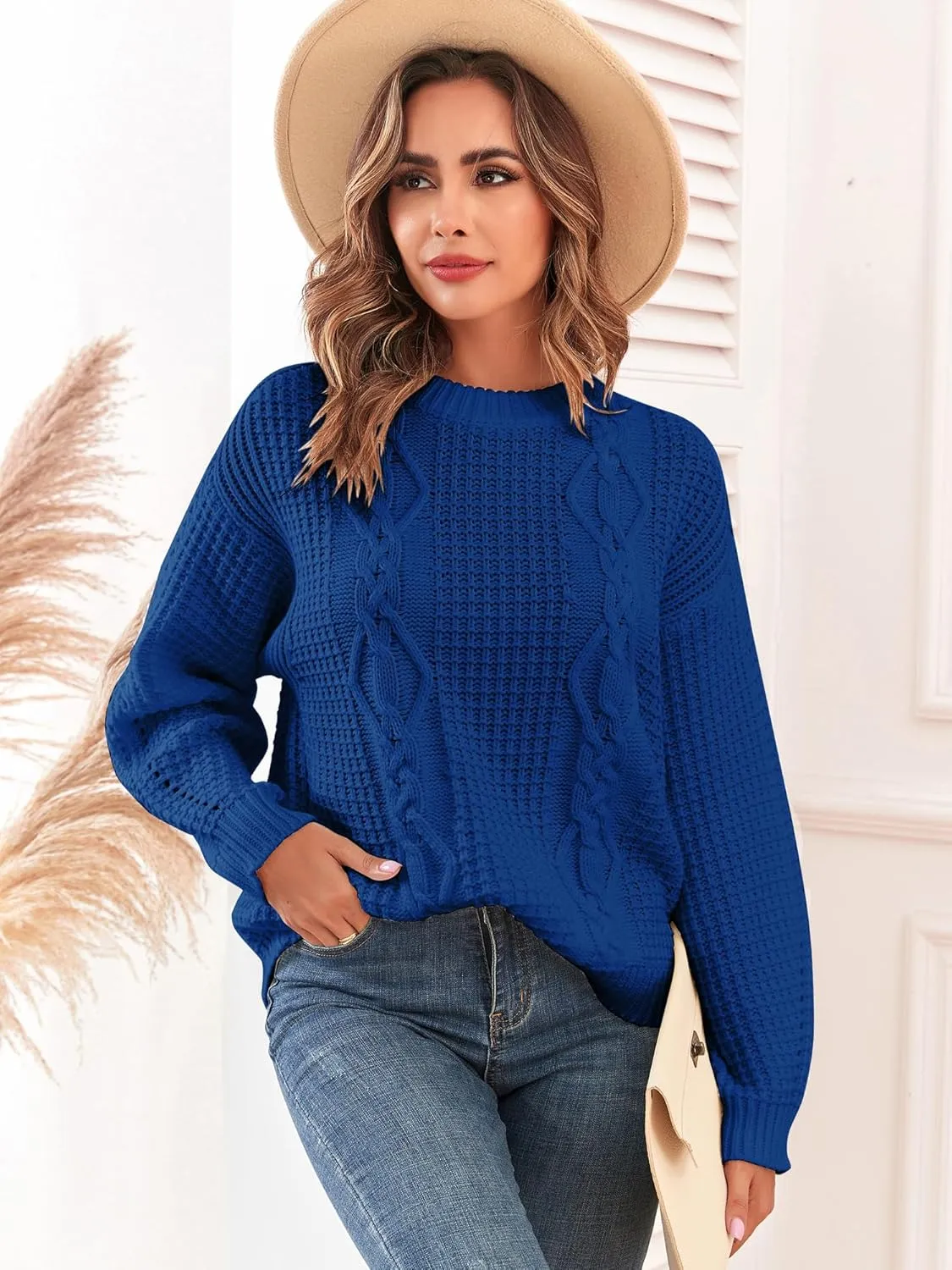 ZAFUL Womens Sweater Cable Knit Oversized Sweaters Crewneck Long Sleeves Casual Knit Pullover Tops