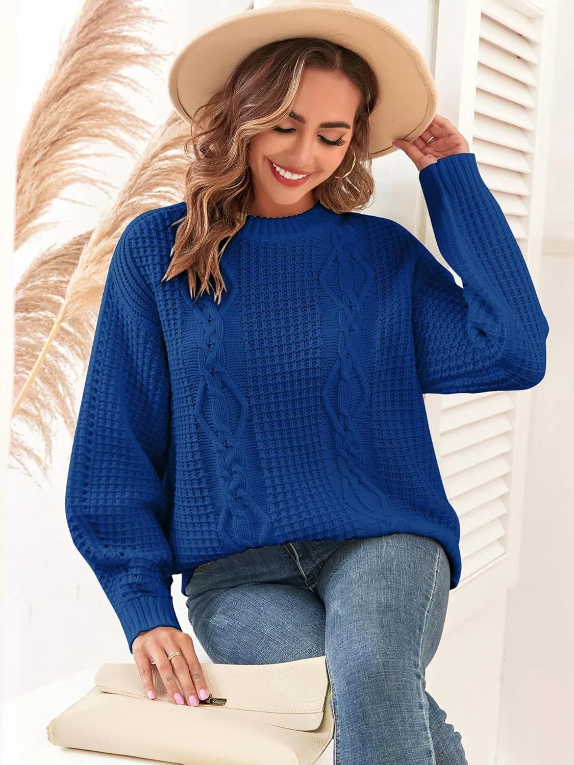 ZAFUL Womens Sweater Cable Knit Oversized Sweaters Crewneck Long Sleeves Casual Knit Pullover Tops