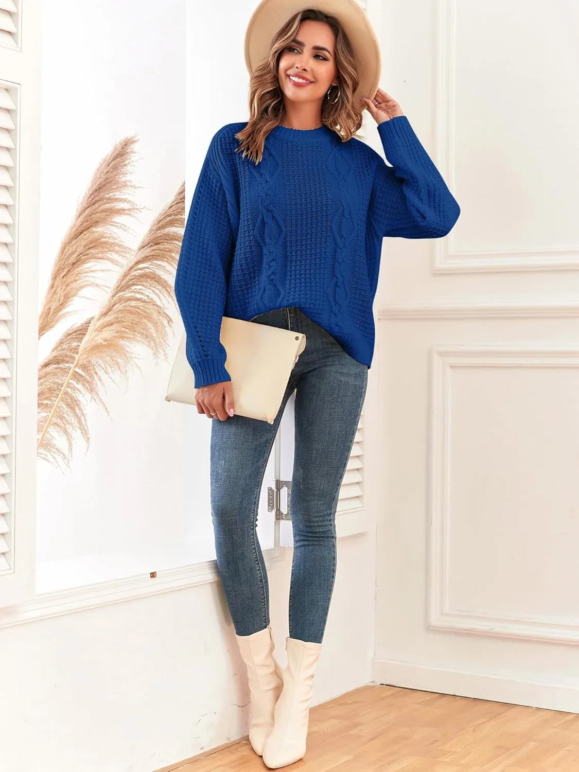 ZAFUL Womens Sweater Cable Knit Oversized Sweaters Crewneck Long Sleeves Casual Knit Pullover Tops