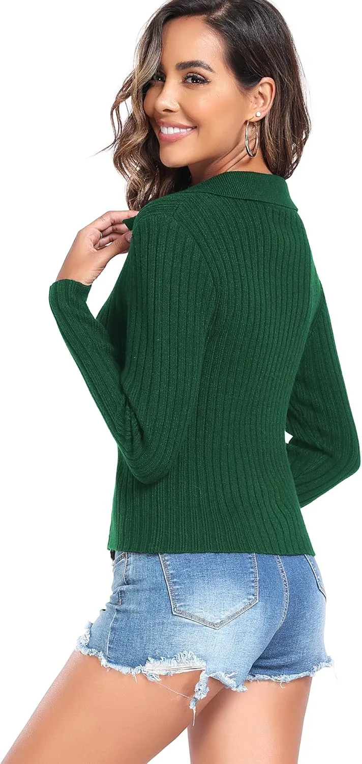 ZAFUL Women's Zip Up Sweater Long Sleeve Polo V Neck Ribbed Knit Slim Cropped Sweater Pullover Jumper Tops