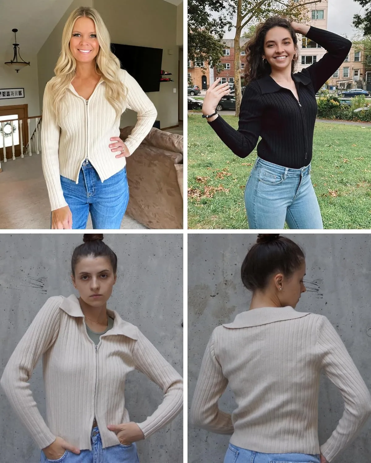 ZAFUL Women's Zip Up Sweater Long Sleeve Polo V Neck Ribbed Knit Slim Cropped Sweater Pullover Jumper Tops