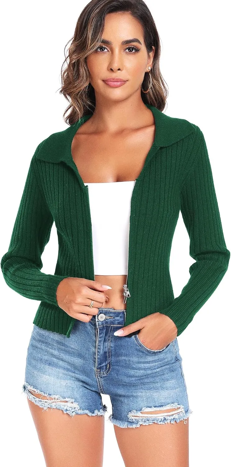 ZAFUL Women's Zip Up Sweater Long Sleeve Polo V Neck Ribbed Knit Slim Cropped Sweater Pullover Jumper Tops