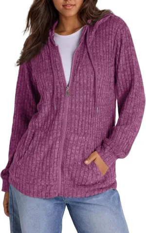 Zip Up Hoodie Women Lightweight Ribbed Knit Sweater Hoodie Cozy Long Sleeve Sweater Tops Fall Sweater with Pocket