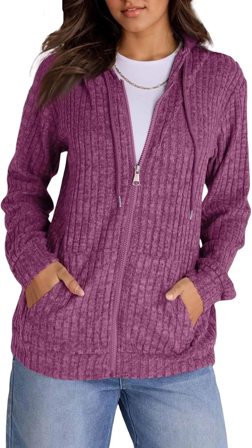 Zip Up Hoodie Women Lightweight Ribbed Knit Sweater Hoodie Cozy Long Sleeve Sweater Tops Fall Sweater with Pocket