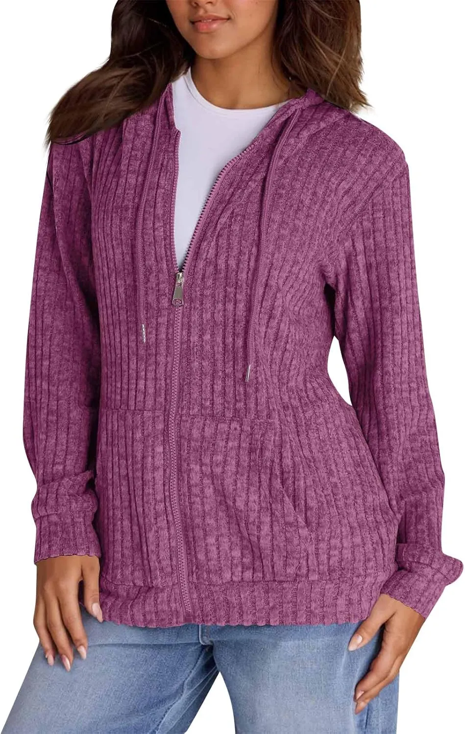 Zip Up Hoodie Women Lightweight Ribbed Knit Sweater Hoodie Cozy Long Sleeve Sweater Tops Fall Sweater with Pocket