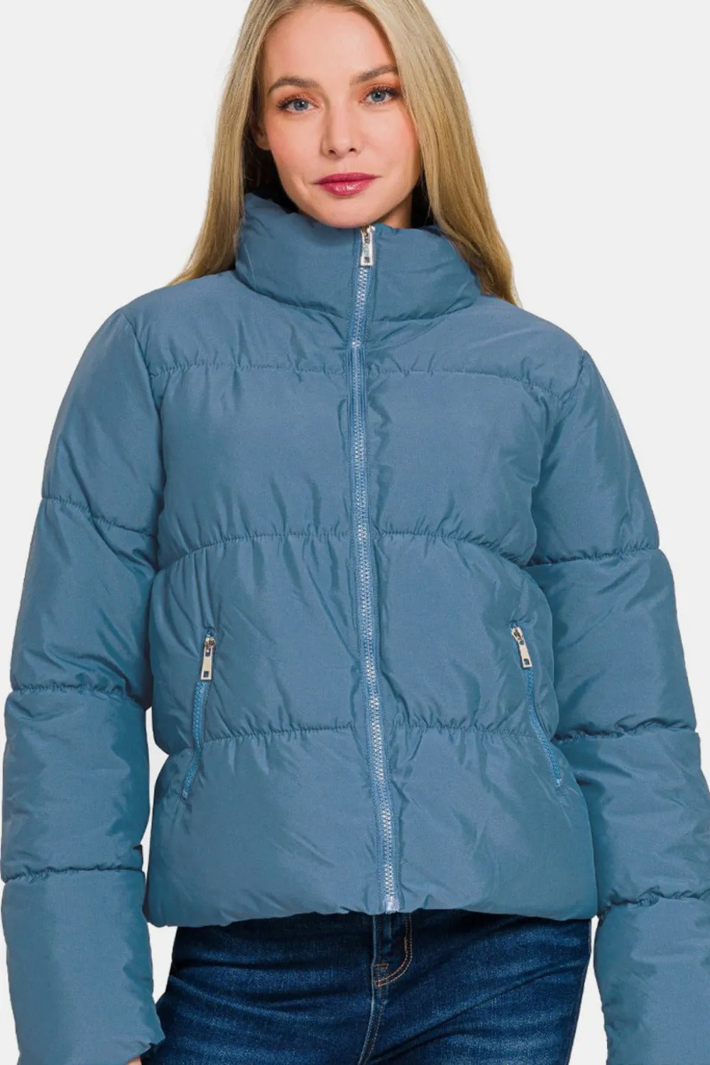 Zip Up Turtleneck Puffer Jacket with Pockets in Dusty Blue