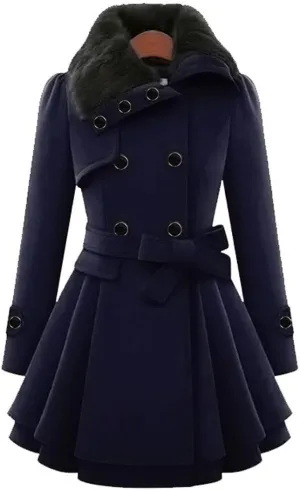 ZYXTIM Fleece Jacket for Women Plus Size Mid-Long Wool Trench Coat Faux Fur Lapel Double-Breasted Pea Coat with Belted