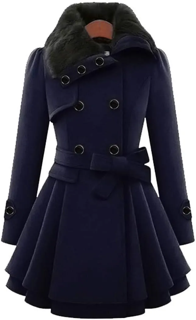 ZYXTIM Fleece Jacket for Women Plus Size Mid-Long Wool Trench Coat Faux Fur Lapel Double-Breasted Pea Coat with Belted