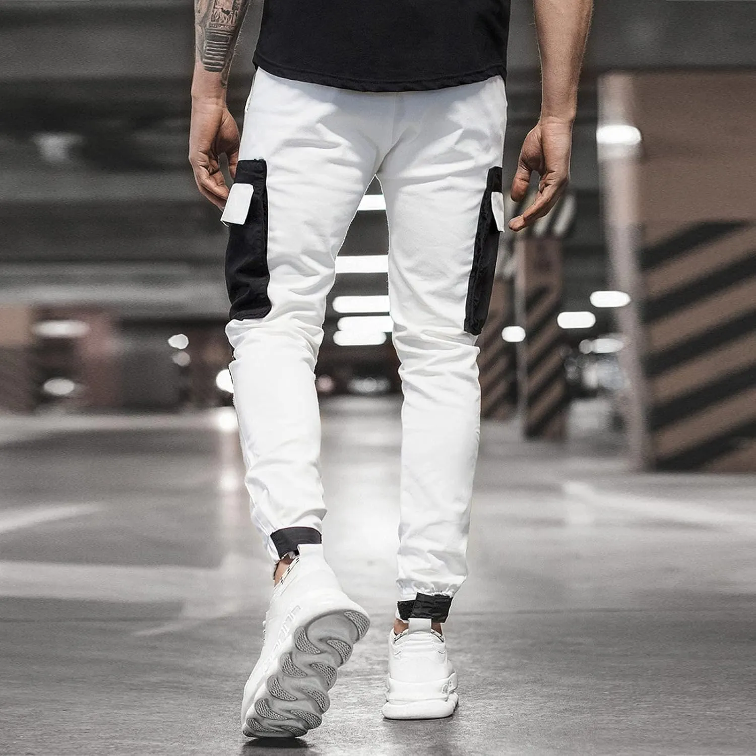 ZYXTIM Sweat Pants for Man Slim Fit Pencil Tapered Cuff Stripes Color Block Jogger Trousers with Pockets
